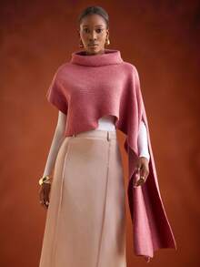 Zivah 冬季新款，圣诞节，新年，婚礼季，情人节，生日派对，毕业季，日常出行，基础款，百搭款，休闲度假，邮轮旅行，休闲优雅，通勤，街头欧式风，简约风，女士假日，高领，不规则袖，长款罩衫，斗篷袖，粉色羊毛套头衫，女士毛衣 - 紅木色 - 查看 10