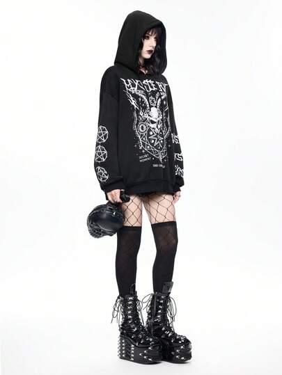Goth Gothic Horror Sheep Head Fluid Print Loose Pullover Sweatshirt