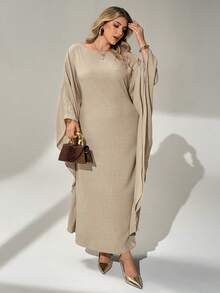 Auralis 大码女装春秋时尚优雅宽松舒适日常修身腰带杏色披肩长裙，保守连衣裙，春季服装，休闲长裙，Jalabiya - 卡其色 - 查看 3