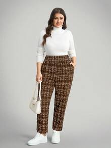 Comfylo 大码女式波点印花休闲裤，带口袋和侧开衩，适合度假、新年、冬季、情人节、商务休闲等场合。 - 摩卡棕 - 查看 5