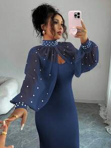 Elenzga New Elegant Mature Charm Evening Gown, Dignified & Gentle, Dreamy Pink, Hand-Beaded Long Sleeve Top, Graceful Mermaid Hem Bodycon Slip Dress Set - Royal Blue - View 4