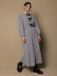 Freevana Váy kẻ caro nơ viền bèo nhún cỡ lớn, mùa thu - Đen và trắng - Xem 5