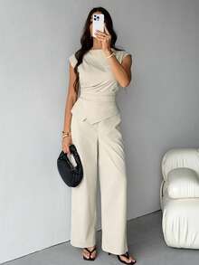 SHEIN Tall 极简通勤办公穿搭，新款春夏船领泡泡袖收腰女式衬衫+高腰超长阔腿女式长裤，高个版