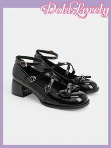 Dola Lovely 女士黑色交叉蝴蝶结可爱洛丽塔漆皮厚底玛丽珍鞋，适合万圣节、圣诞节、感恩节 - 黑色 - 查看 2