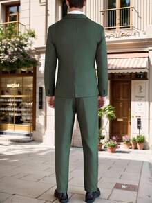 Manfinity Bizformal Bộ vest nam công sở màu trơn tối giản mặc hàng ngày dài tay và quần tây, trang phục dự tiệc cưới cho khách dự tiệc Halloween mùa đông cổ điển của Old Money - xanh quân đội - Xem 2