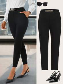 Ellevyn Pantalon pour femmes grande taille, élégant, noir, polyvalent, avec poches, décoration de chaîne métallique à la taille. Convient pour le travail, les femmes d'affaires professionnelles, le bureau. Pantalon à taille haute élégant pour femmes, pantalon noir pour femmes avec courbes et petite taille, pantalon avec strass - Noir - Voir 1