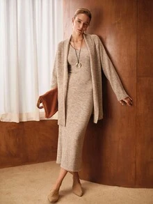 MOTF PREMIUM SLIM FIT DRESS & BELTED CARDIGAN SWEATER CO-ORD - Khaki - View 9