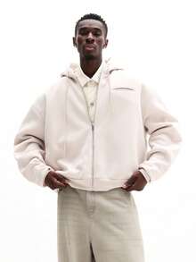 SUMWON 常规款男士全拉链连帽衫，带中央口袋，休闲街头风卫衣，适合秋冬季叠穿，纯色 - 杏色 - 查看 6