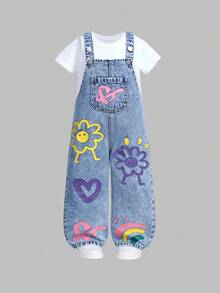 SHEIN ChillGRL 女孩年轻女孩新款碎花心形彩虹涂鸦时尚休闲柔软牛仔连体裤