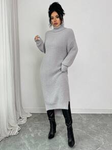 Elenzga Váy len cổ cao giản dị thu đông cho nữ, viền bất đối xứng, váy len midi dáng rộng - Màu Xám nhạt - Xem 3