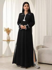 Al Najma Casual Collared Color Block Hem Slit Midi Dress, Autumn/Winter