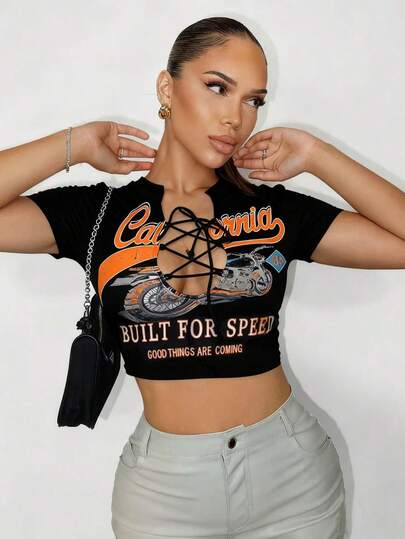 Zolique Women's Sexy Criss-Cross Front Tie Motorcycle Graphic Print Crop Top, Round Neck, Revealing Chest & Waist, Casual, Vacation, Sports Wear, White