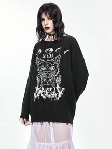 ROMWE Goth Suéter holgado con diseño desgastado de cabeza de gato gótico - Negro - Ver 2