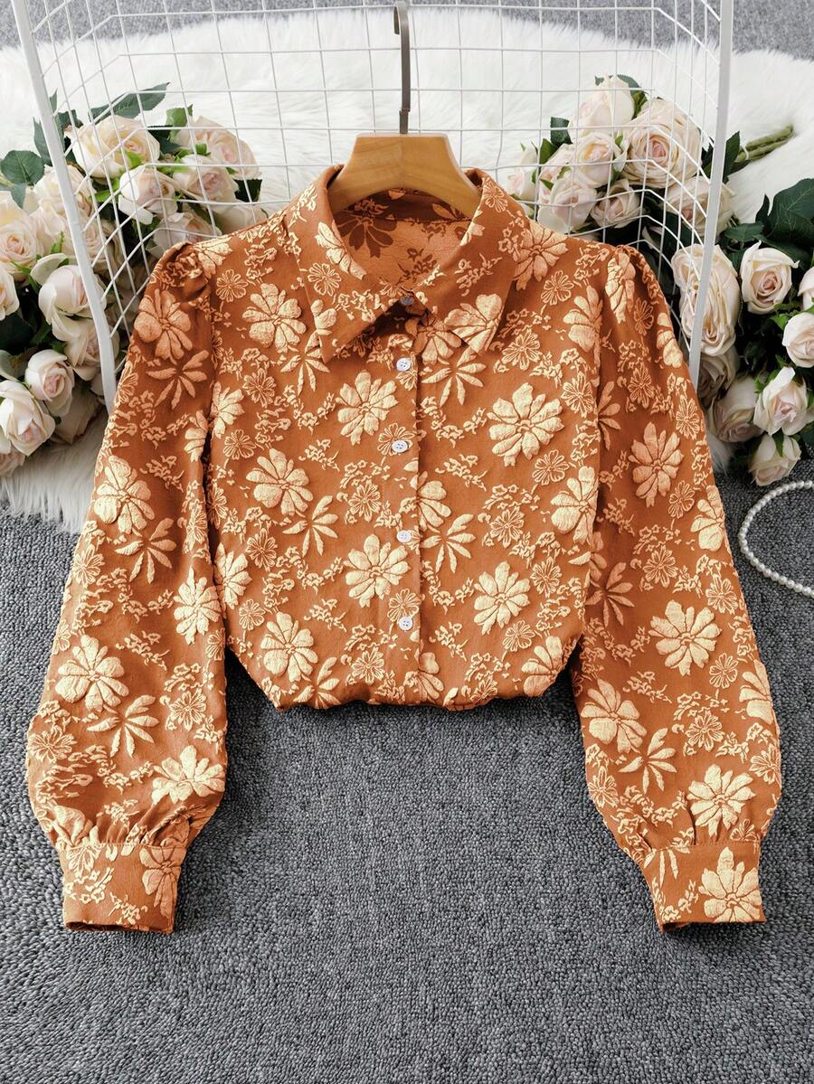 SHEIN Unity Kemeja Wanita Lengan Panjang Berkerah Bahan Jacquard Cokelat Karat Kasual untuk Perjalanan Sehari-hari Modis Elegan Bergaya Retro - Rust Brown - View 1
