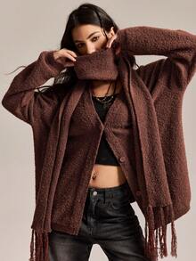 Easelle Vintage Casual Coffee Color Casual Loose Fit Long Sleeve Button Front Cardigan For Women Winter Clothes For Women New Year  Christmas - Coffee Brown - View 9