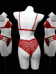 Seduluxe مجموعة ملابس داخلية نسائية مثيرة من الدانتيل بتصميم قلب، مريحة، مناسبة لعيد الميلاد، قطعتان - الأحمر - مشاهدة 2