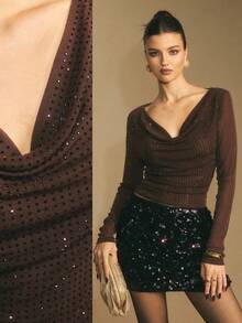 Poéselle 棕色水钻高领网纱上衣 – 闪亮长袖派对上衣，棕色，适合假日和夜间外出造型，2025年假日派对新年夜上衣，闪亮鸡尾酒会上衣，夜间外出 - 棕色 - 查看 1