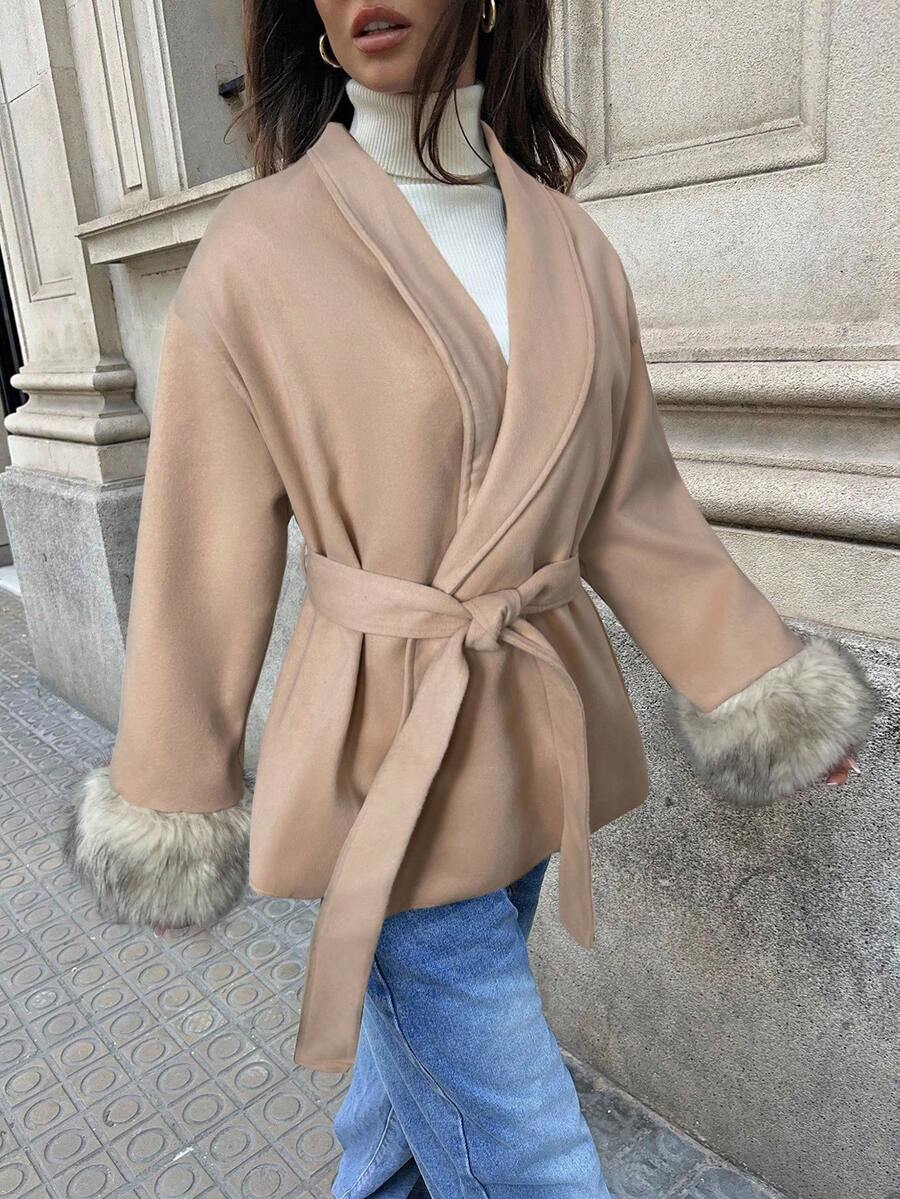 Aloruh 秋冬季时尚毛绒袖口卡其色大衣 - 卡其色 - 查看 1