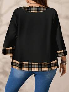 EMERY ROSE Plus Size Women's Casual Romantic Plaid Pattern Colorblock Print Round Neck Loose 3/4 Sleeve Shirt, Black - Multicolor - View 4