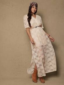 Freevana Plus Size Solid Color Criss-Cross Wrap Front Midi Sleeve Split Hem Lace Dress Maxi Dress Lace Dress For Women Western - Apricot - View 4