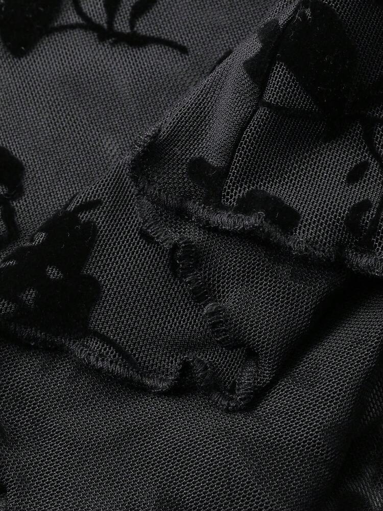 FRIFUL 女士时尚性感透视修身高领长袖上衣 - 黑色 - 查看 3