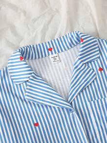 SHEIN 少女两件套睡衣，优雅条纹舒适上衣和长裤，甜美爱心印花，百搭家居服 - 藍白色 - 查看 3