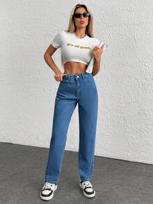 EURMUSE 100%Cotton Snow Washed Cropped Mom Fit Jeans - Medium Wash - View 4