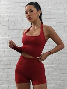 Dewbera 女士露背吊带短款上衣和短裤瑜伽运动服套装红色套装女士健身套装