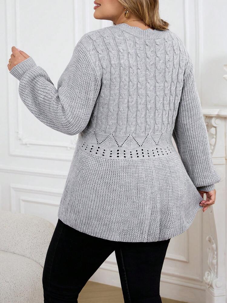 SHEIN CURVE+ Plus Size Women V-Neck Lantern Sleeve Pullover Sweater, Comfortable Soft Ruffled Hem Casual Everyday Pullover Sweater, Women Winter Clothing - Grey - View 2