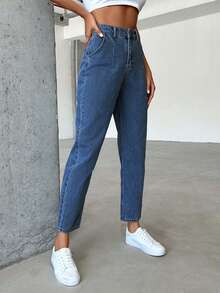 100%Cotton High Waist Slant Pocket Casual Mom Fit Jeans - Blue - View 5