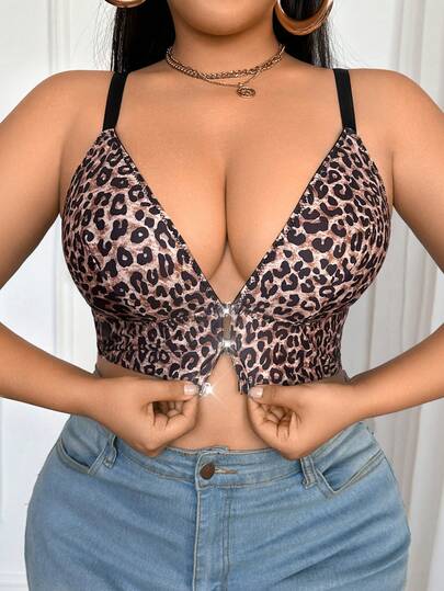 Plus Size Women Leopard Print Front Closure Comfortable Bra