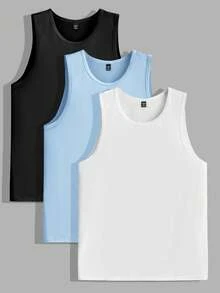 Manfinity BRENVOR 3-Pack Men's Casual Solid Color Knitted Sleeveless Top, Versatile For Daily Wear - Multicolor - View 5