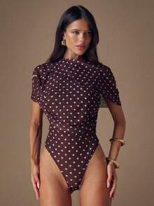 SHEIN BAE 棕色波点高领褶皱优雅连体衣，适合鸡尾酒会、浪漫约会、秋冬季内搭、聚会、派对、正式活动、万圣节、圣诞节等场合。 - 棕色 - 查看 6