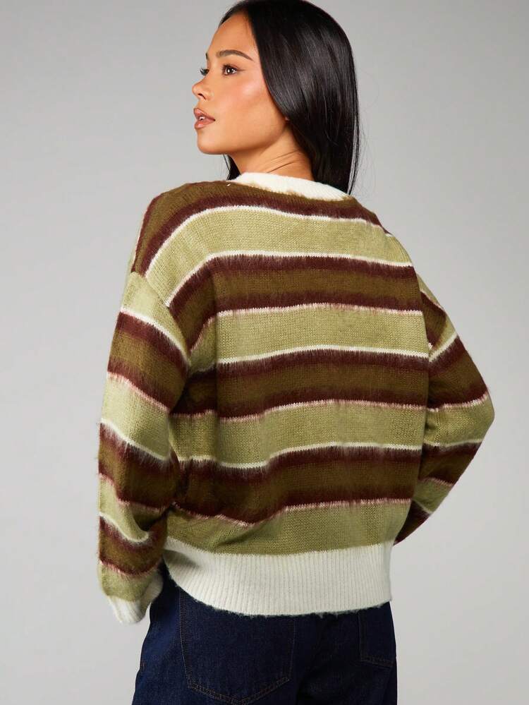 MISSGUIDED Striped Button Through Knit Cardigan With Ribbed Cuffs