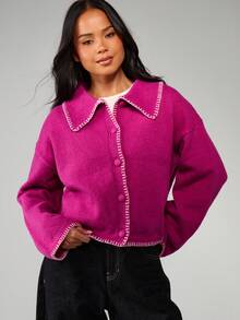 MISSGUIDED Women's Button Up Cardigan With Whipstitch Detailing Knit Sweater For Casual Layering Christmas - Red - View 1