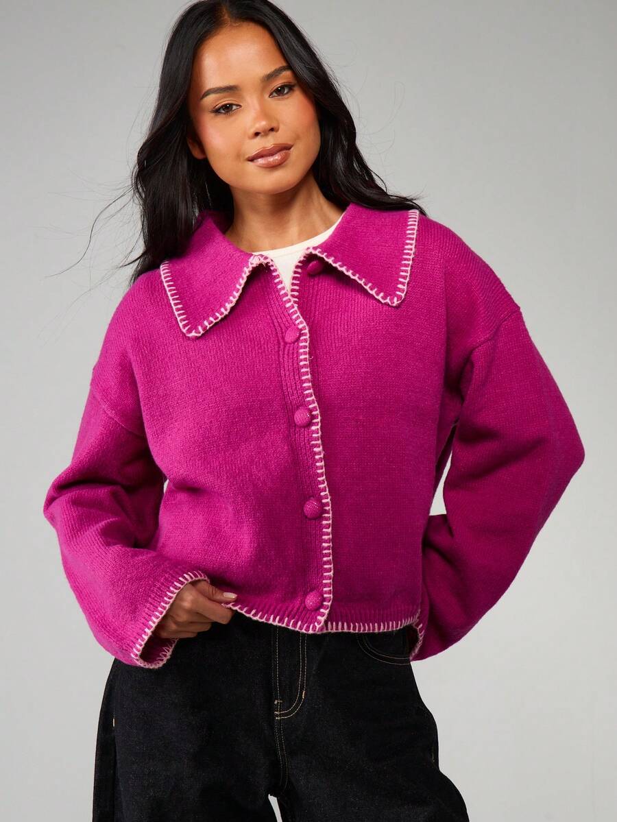 MISSGUIDED Women's Button Up Cardigan With Whipstitch Detailing Knit Sweater For Casual Layering Christmas - Red - View 1