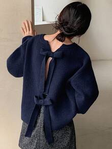 DAZY Tween Mädchen Pullover mit Rundhalsausschnitt und Schleifen-Dekor, Herbst - marineblau - Übersicht 7