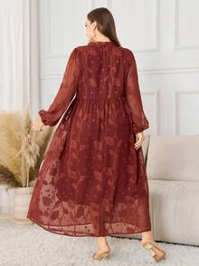 Lacomfia Váy dài tay lưới thêu màu nâu, váy chữ A thanh lịch cổ điển, cỡ lớn - Rỉ Nâu - Xem 2