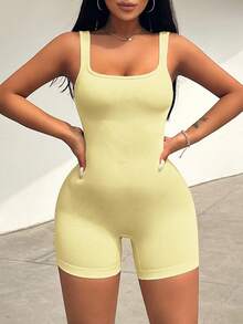 Zolique Salopetă de damă, ocazională, fără mâneci, de culoare solidă, pentru vară - Galben - Vizualizare 4