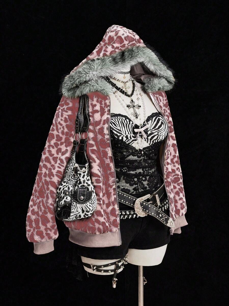 Sweetra Leopard Faux Fur Minimalist Hat & Short Vintage Casual Jacket - Pink - View 1