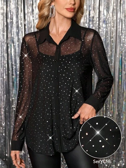 SHEIN Clasi Autumn For Women Women's Elegant Sexy Sheer Sequin Blouse Long Sleeve Loose Mesh Sequin Shirt Black Sequin Top Casual Blouses For Ladies Party Christmas For Women New Year Women Elegant For Party
