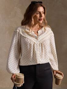 Elegantrix Áo sơ mi chấm bi ren họa tiết cỡ lớn dành cho nữ, thường ngày/công sở, thu/đông - Nhiều màu - Xem 4