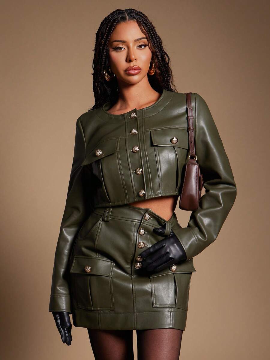 Radiana 女士新款春秋季PU皮革纽扣装饰修身迷你裙，时尚休闲别致修身半身裙 - 軍綠色 - 查看 1