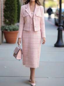 EMERY ROSE 2-Piece Set: Elegant Tweed Short Blazer Jacket + Sleeveless Fitted Bodycon Dress, Classy Suit Set, Spring/Autumn - Multicolor - View 1