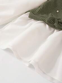 Elladie kids Girls' Spring/Autumn Casual Shirt Set, Green 3D Bow Design, Beaded Knit Ribbed Fabric, White Long Sleeve Ruffle Hem Shirt Top Paired With Khaki Pearl Flared Pants, 2pcs Outfit, Suitable For Back To School, Casual, Fashion, Sweet, Comfortable Outdoor Travel Set Outfit For Women Pants And Top Set Teen Girl Outfit Set Green Outfit Full Outfit Set - Army Green - View 8