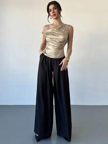 Firerie 女士新款优雅简约日常派对修身上衣，金色涂层无袖褶裥肩部修身女士新款上衣，秋冬女士度假外出衬衫上衣 - 金色 - 查看 4