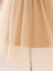 Glamorique Kids 年轻女孩优雅迷人可爱杏色天鹅绒长袖蝴蝶结紧身复古双层闪亮薄纱泡泡袖连衣裙