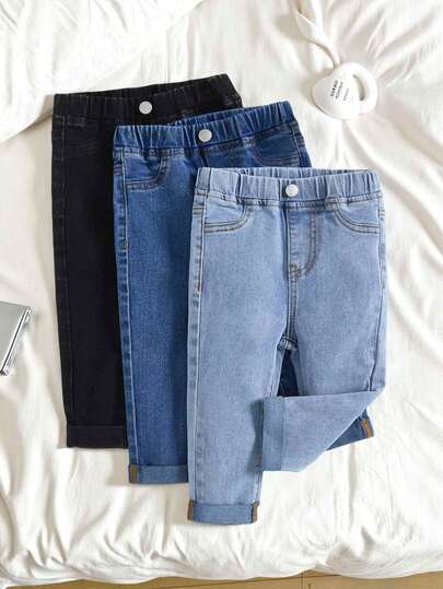 SHEIN 3pcs/Set Baby Girls' Dark Blue, Light Blue, Black Denim Elastic Skinny Pants