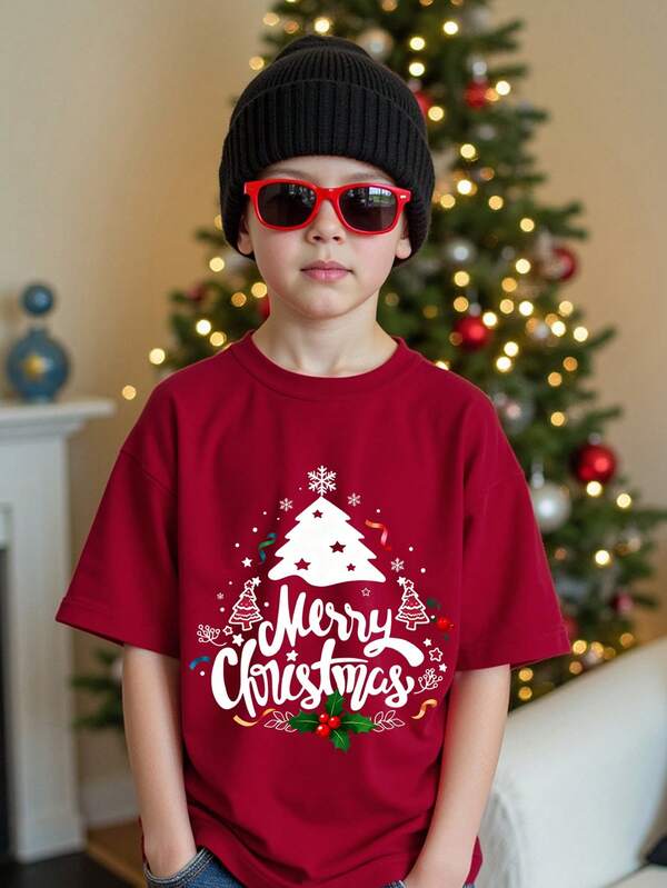 Teen Boy Casual Minimalist Fashion Classic Christmas Warm & Comfortable, Star Christmas Tree Pattern, Christmas Deer Pattern, Parent-Child Round Neck Short Sleeve T-Shirt, Suitable For Autumn/Winter