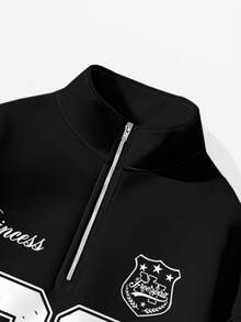 SHEIN 女士宽松薄款套头卫衣，印有23号图案，黑色，半拉链，秋冬季款 - 黑色 - 查看 5